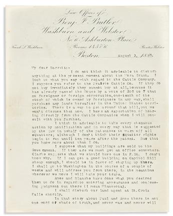 BUTLER, BENJAMIN F. Typed Letter Signed, Benj Butler, to his legal partner O.D. Barrett,